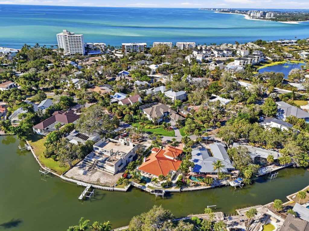 Aerial image of waterfront properties in Sarasota Florida