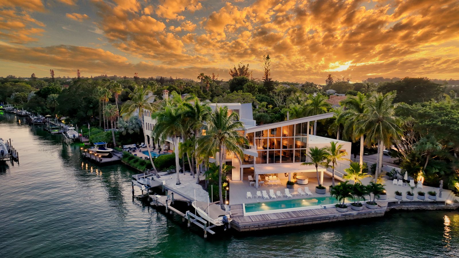 Aerial view Dolphin House Siesta Key luxury waterfront home sold by Brian Loebker